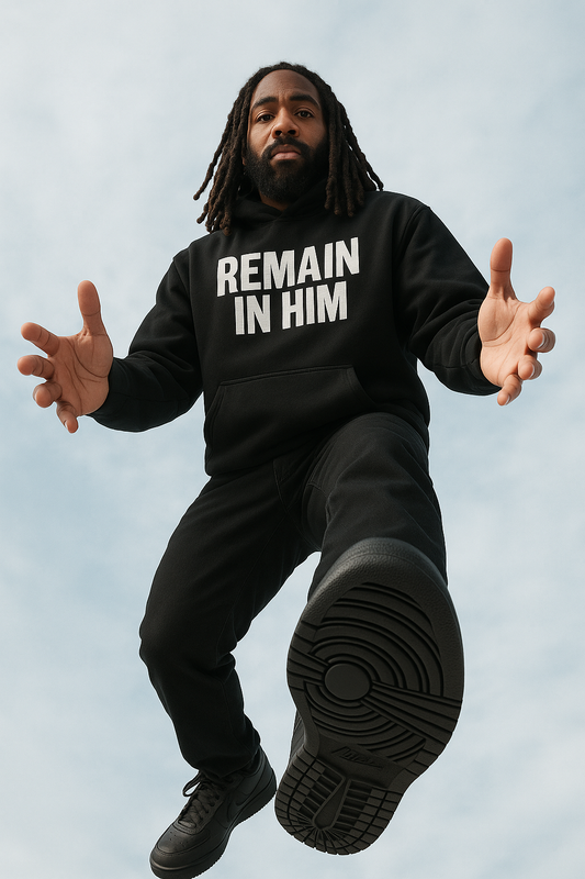 Person wearing a black sweatshirt with 'REMAIN IN HIM' text, jumping against a light blue sky.