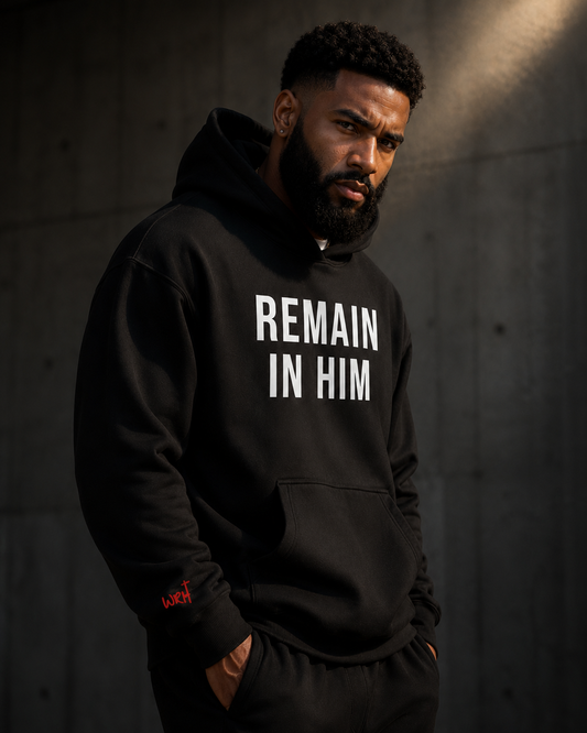 Man wearing a black hoodie with 'REMAIN IN HIM' text against a dark background