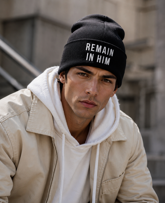 Man wearing a black beanie with 'REMAIN IN HIM' text, sitting outdoors.