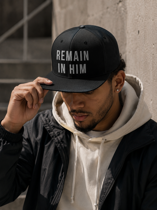 Man wearing a black cap with 'REMAIN IN HIM' text, standing against a concrete wall.